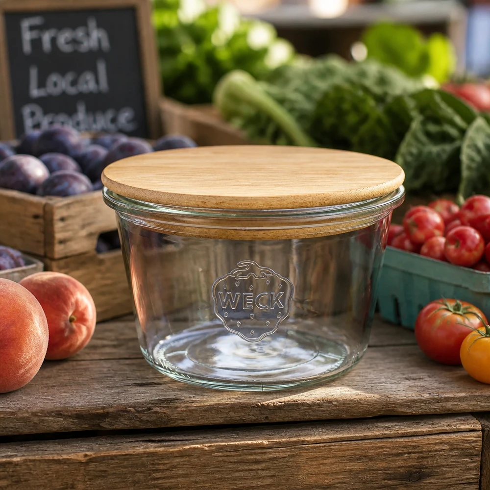 Bicchieri WECK RR100 da 370 ml con coperchio in bambù su un tavolo di legno circondato da frutta e verdura fresca del mercato