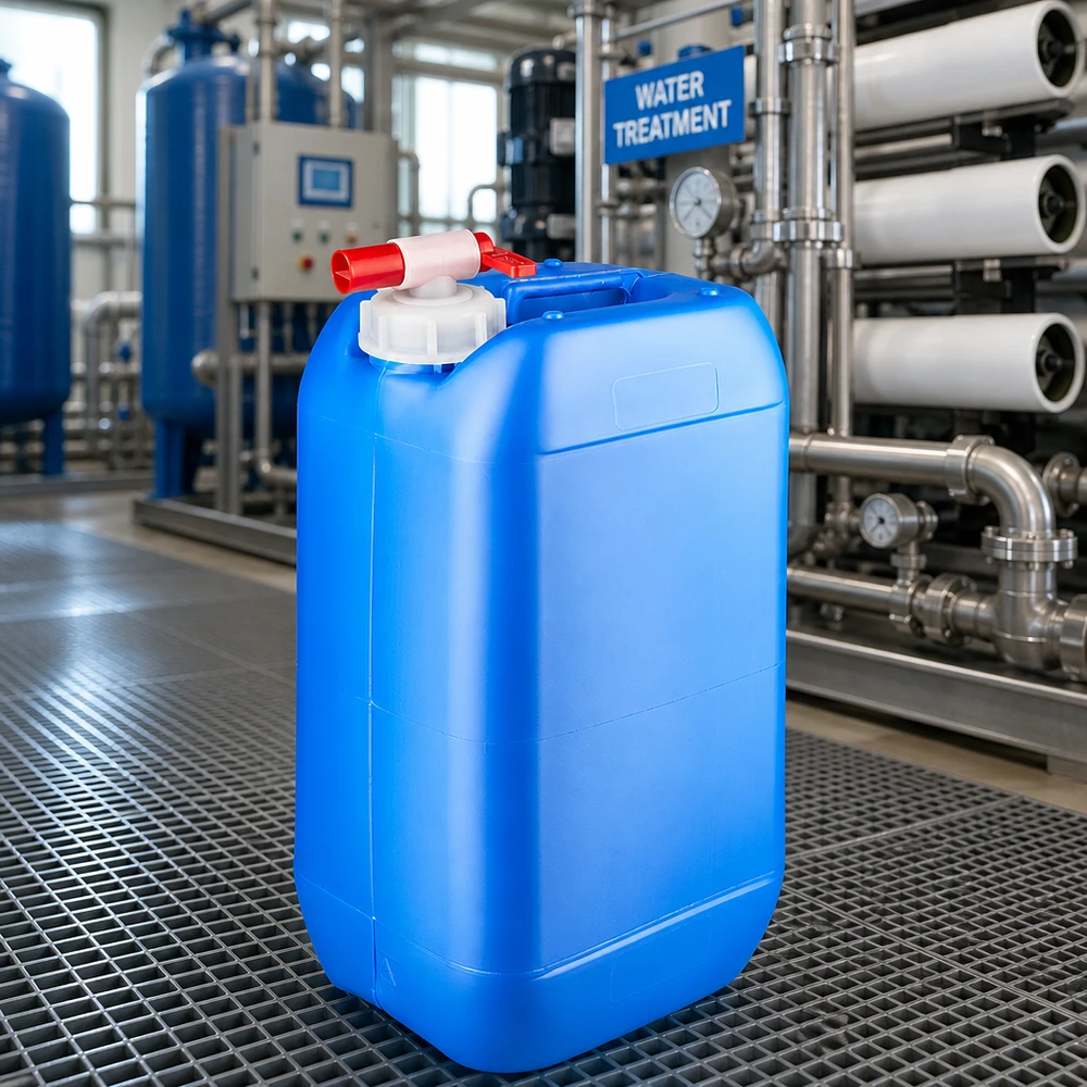 Tanica blu da 15 litri con rubinetto di erogazione in un impianto professionale di trattamento dell'acqua