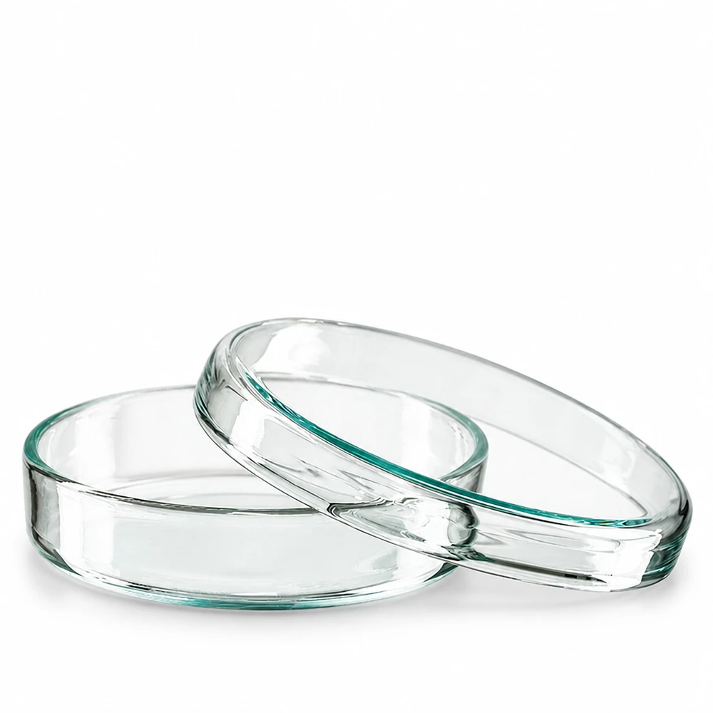 Piastra Petri 70x15mm in vetro Piastra di Petri in vetro 70x15 mm, trasparente e vuota, su sfondo bianco