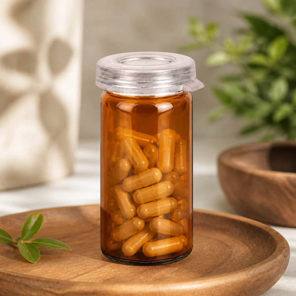 Barattolo da tavolo con bordo a rotolo da 5 ml trasparente con coperchio a scatto Vaso in vetro con bordo arrotondato color ambra da 5 ml con capsule dorate, su vassoio in legno con decorazioni naturali