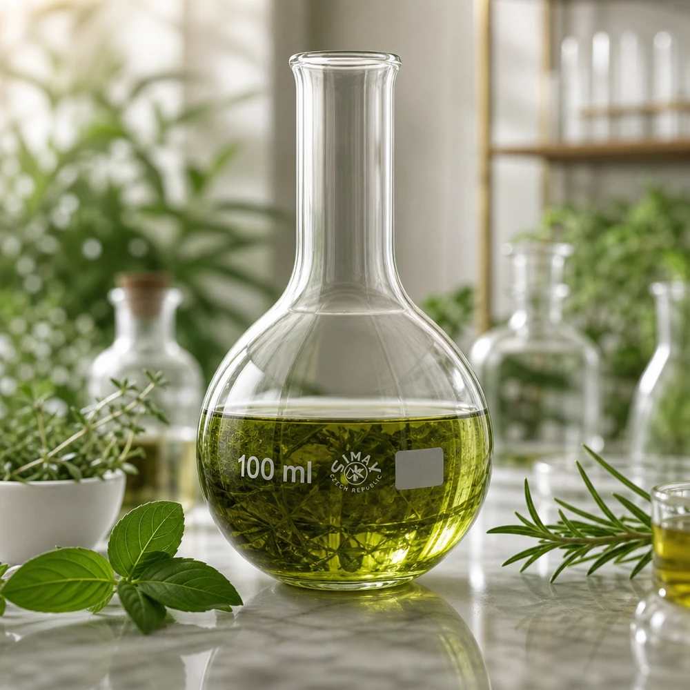 Pallone da distillazione da 100 ml in vetro trasparente riempito con concentrato vegetale verdastro