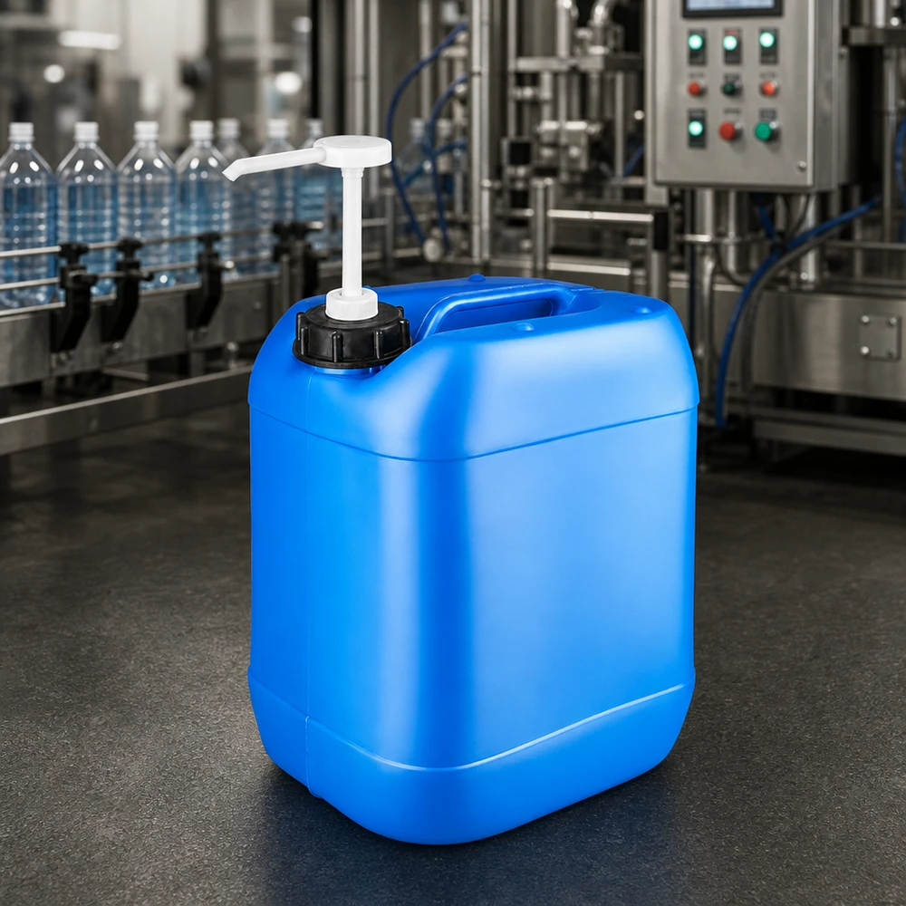 Tanica 20 litri blu con pompa dosatrice Tanica industriale blu da 20 litri con pompa bianca davanti all'impianto di riempimento nel capannone di produzione