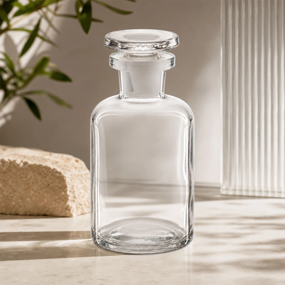 Bottiglia a spalla tonda 50ml trasparente collo stretto tappo in vetro Flacone di vetro trasparente a collo stretto da 50 ml con tappo rotondo in vetro e forma a spalle arrotondate