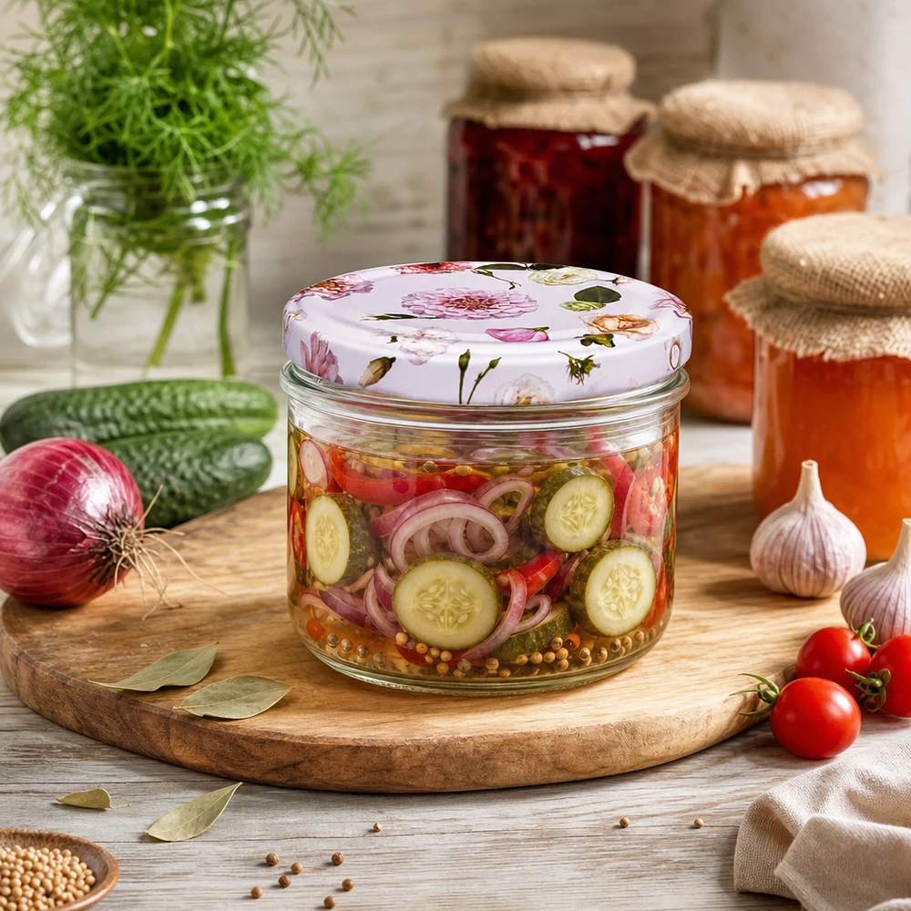 Barattolo cilindrico da 230 ml + coperchio BasicSeal rosa fiore Barattolo cilindrico da 230 ml con coperchio BasicSeal rosa fiorito per cetriolini sott'aceto - Sottaceti e conserve in cucina