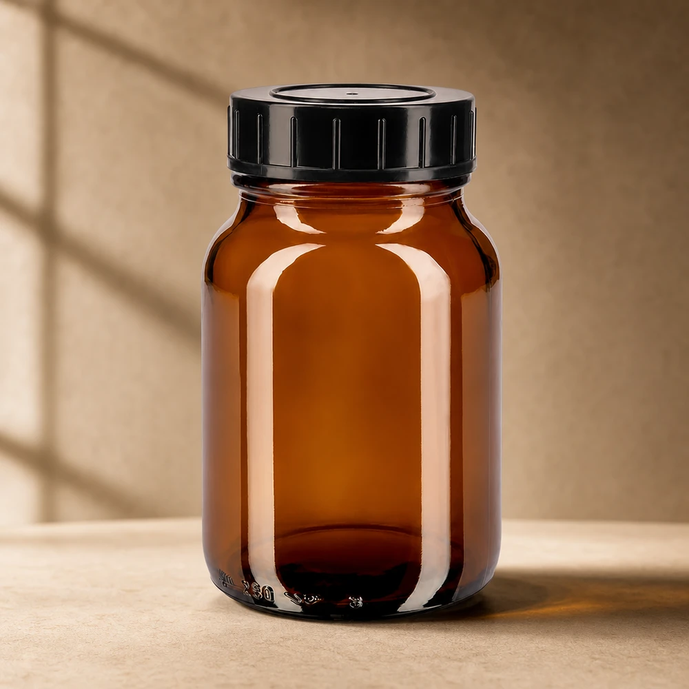 Bottiglia a collo largo da 250 ml in vetro ambrato con tappo a vite Flacone a collo largo in vetro ambrato premium da 250 ml con tappo a vite a prova di bambino per l'armadietto dei medicinali