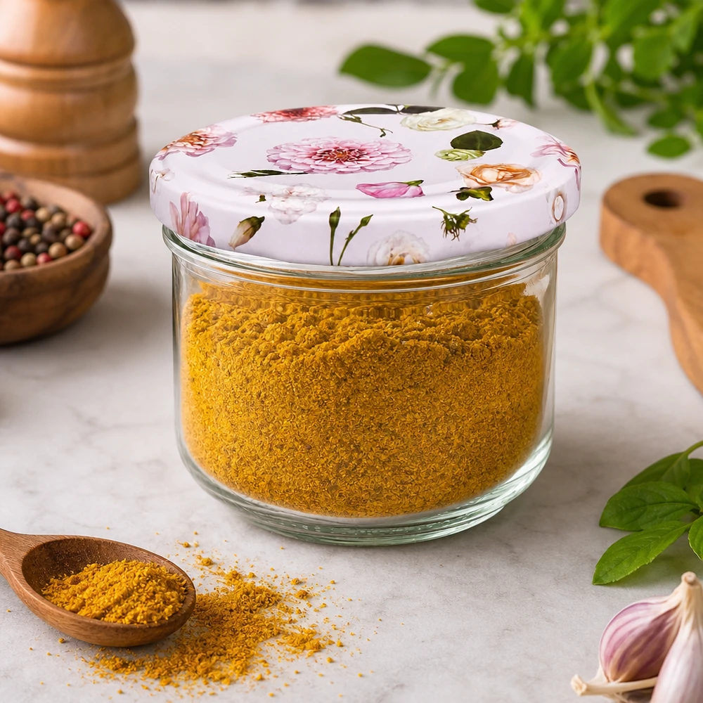 Bicchieri da 260 ml + coperchio BasicSeal rosa fiore UNiTWIST Bicchieri BasicSeal da 260 ml con coperchio a fiore riempiti con spezie alla curcuma - conservazione delle spezie in un barattolo decorativo