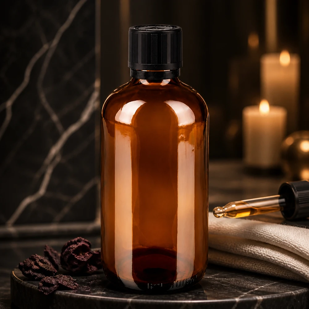 Flacone in vetro ambrato da 100 ml con tappo di sicurezza nero e chiusura a prova di bambino su sfondo marmorizzato