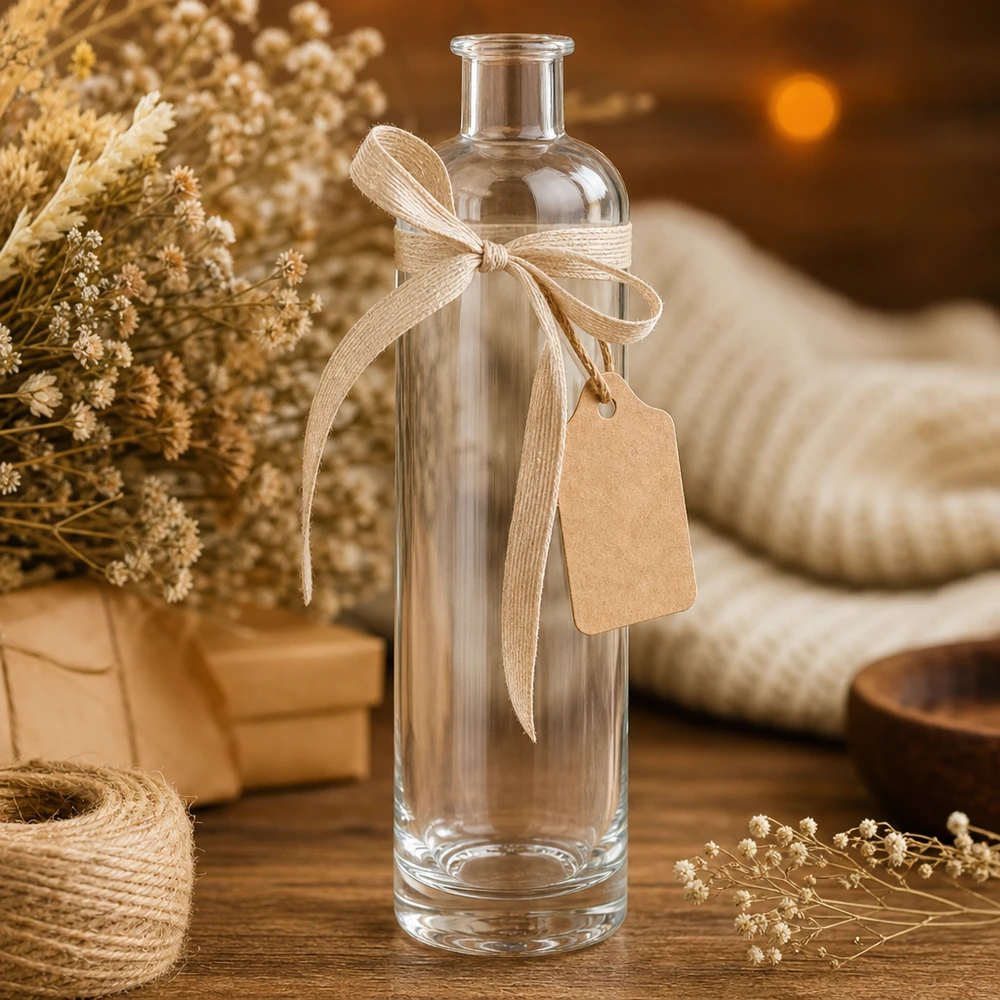Bottiglia in vetro da 500 ml Ella senza tappo UNiTWIST® Bottiglia in vetro da 500 ml Ella UNiTWIST in confezione regalo decorata con fiocco e ciondolo a decorazione rustica