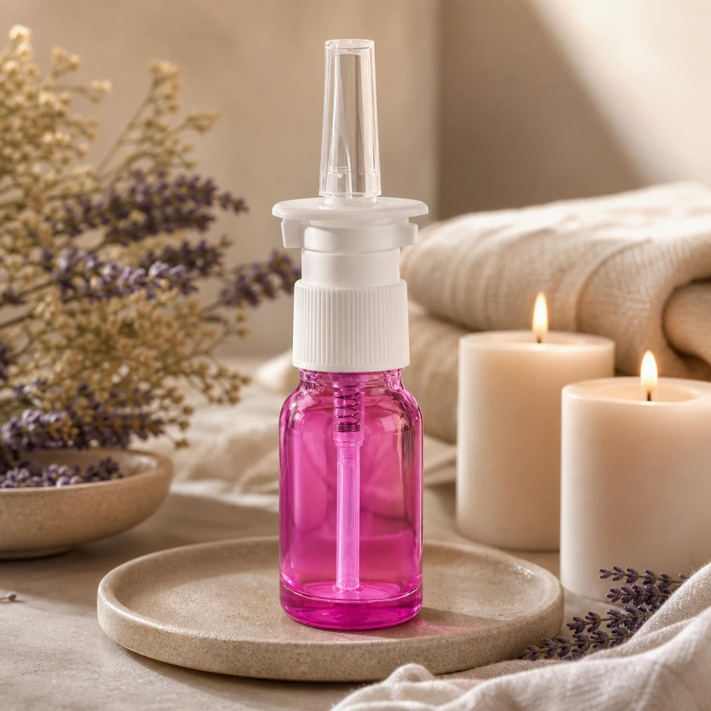 Flacone spray nasale da 10 ml bianco/trasparente standard PurpleLine. UT18/10 Flacone spray nasale medicale da 10 ml con testina bianca in un attraente colore viola