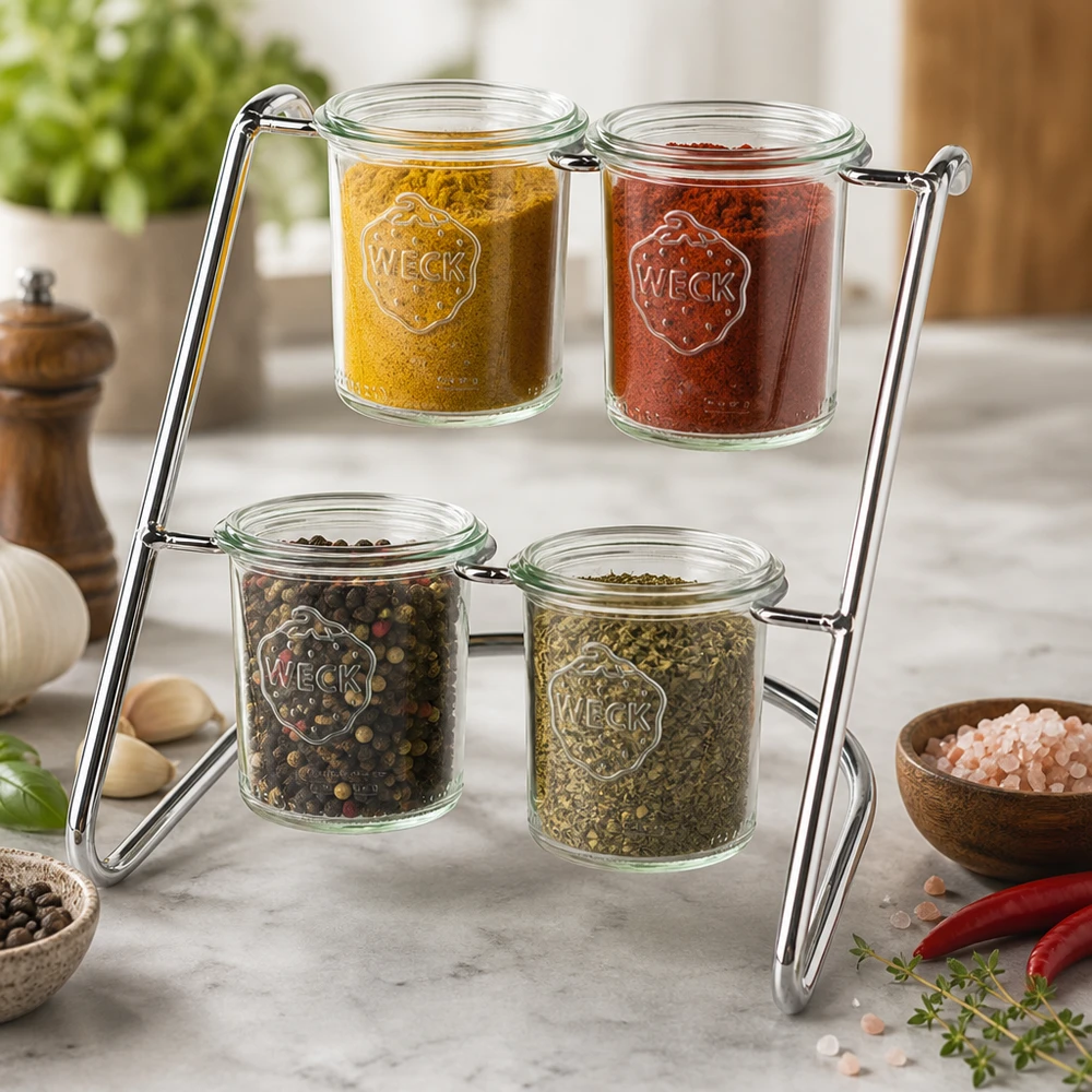 Portabicchieri Flato4 per 4 bicchieri WECK Portavivande Flato4 con spezie ed erbe aromatiche in barattoli WECK - organizzazione decorativa della cucina sul piano di lavoro