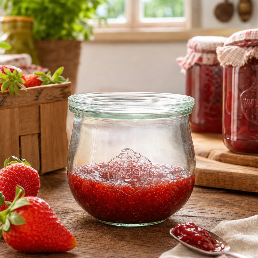 Vaso a tulipano WECK 370ml RR80 riempito di marmellata di fragole in una cucina rustica accanto a fragole fresche e barattoli da conserva