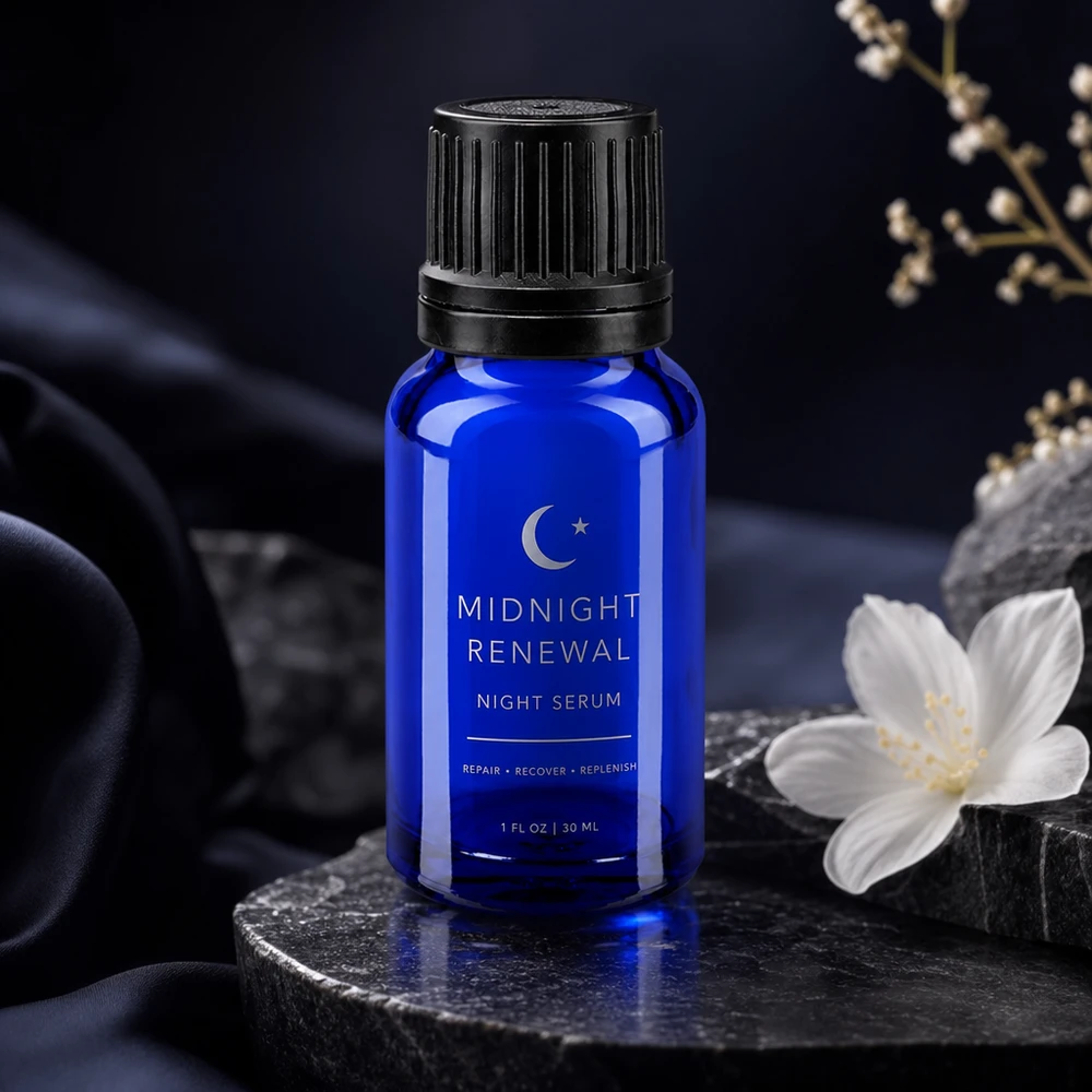 Flacone per siero da 10 ml in vetro borosilicato blu scuro con tappo a vite nero scanalato