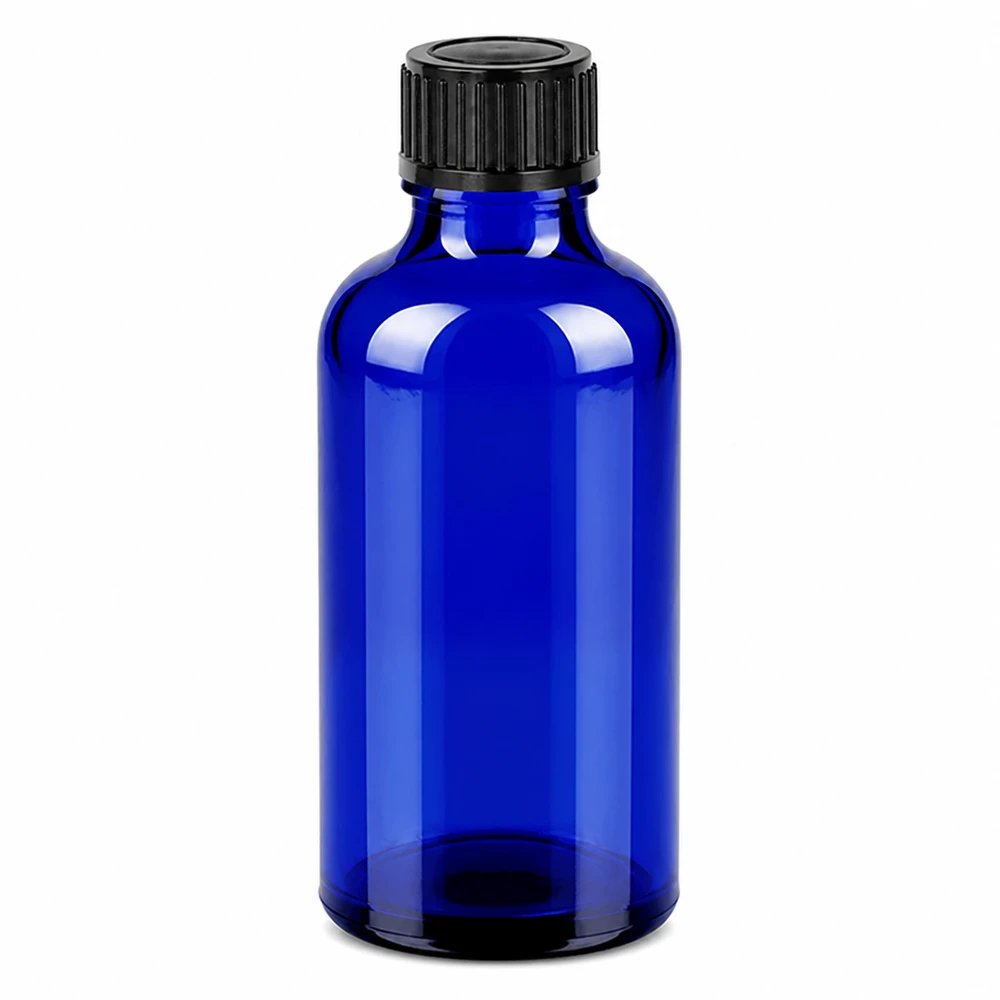 Bottiglia in vetro BlueLine da 50 ml con tappo SV nero per conservare i liquidi in modo sicuro