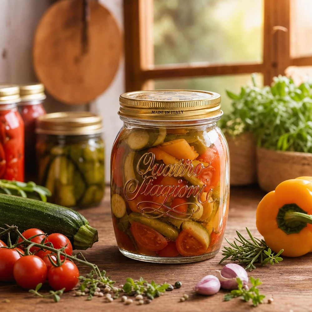 Barattolo rotondo "Quattro Stagioni" da 700 ml con coperchio Barattolo da 700 ml per conserve Quattro Stagioni con verdure sottaceto circondato da ingredienti freschi su un tavolo di legno rustico