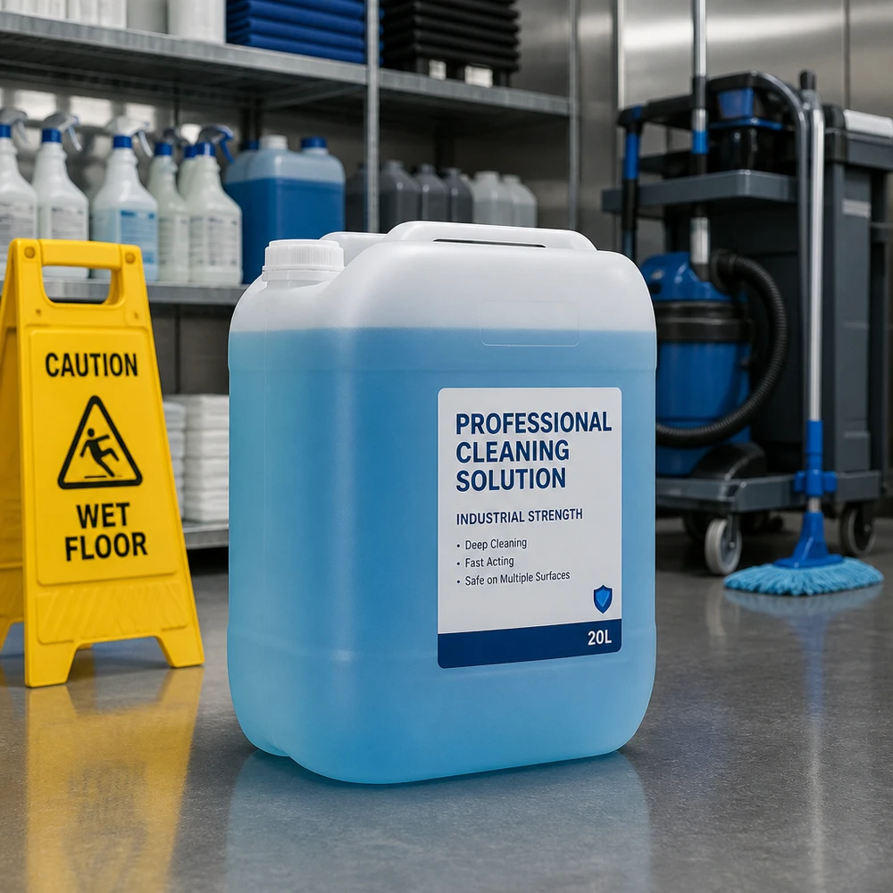 Tanica 30 litri senza tappo Tanica blu da 20 litri contenente una soluzione detergente professionale in un ambiente di stoccaggio industriale