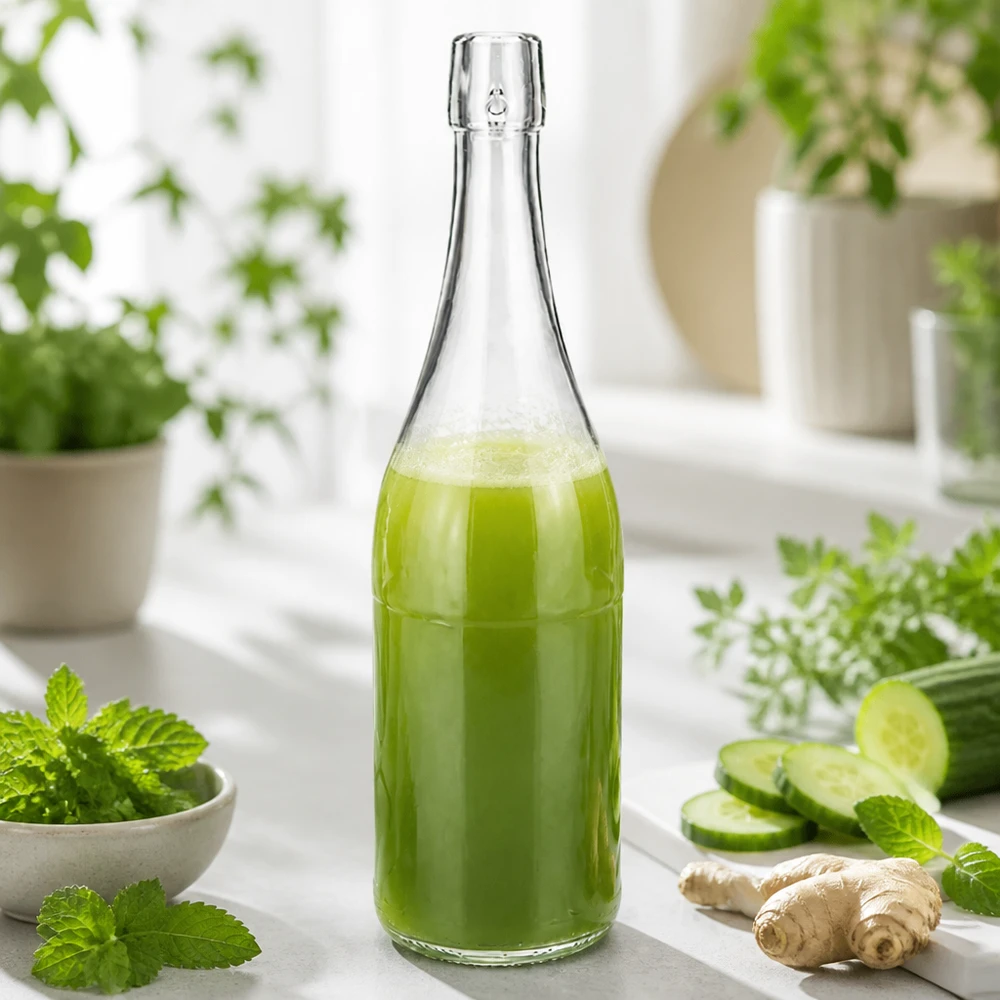 Bottiglia di vetro UNiTWIST da 750 ml riempita di frullato verde tra erbe fresche cetriolo zenzero sana alimentazione