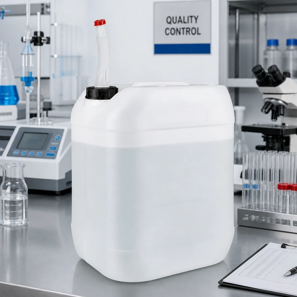 Contenitore trasparente per liquidi da 20 litri con tubo di scarico flessibile nel laboratorio di controllo qualità