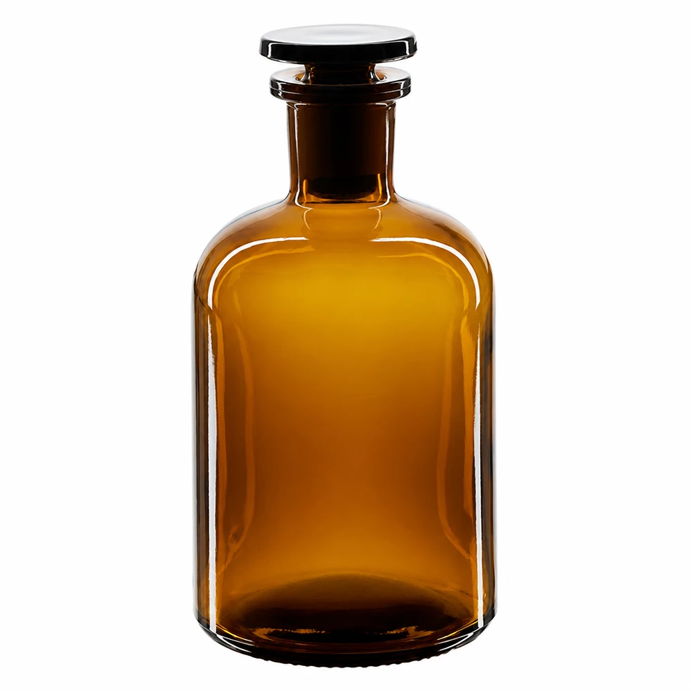Bottiglia marrone a spalla arrotondata da 250 ml con tappo in vetro e collo stretto, realizzata in vetro da laboratorio di alta qualità