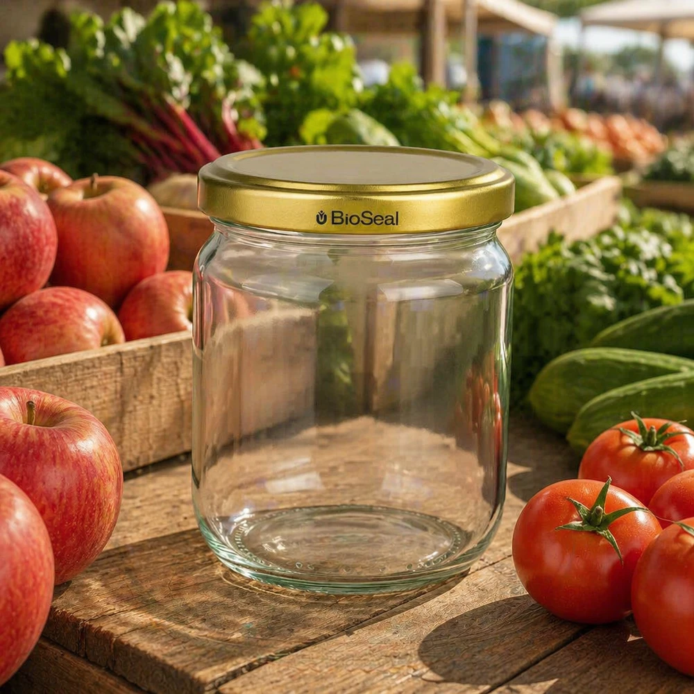 Vasetto per miele da 500 g con capsula dorata BioSeal UNiTWIST Vasetto di miele BioSeal da 500 g vuoto con coperchio dorato circondato da mele e pomodori freschi su un tavolo di legno all'aperto