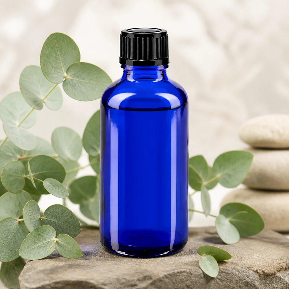 Flacone contagocce blu da 50 ml STD nero/1mm ApoGlas Flacone in vetro da farmacia blu da 50 ml con beccuccio da 1 mm e tappo nero su base in pietra naturale