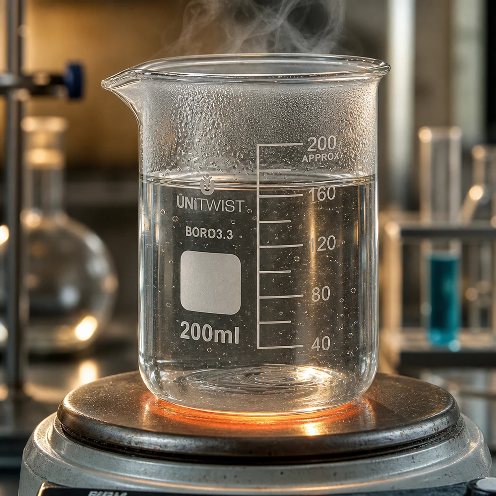 Un becher da 200 ml posto su una piastra riscaldante con acqua fumante dimostra la resistenza al calore del borosilicato 3.3