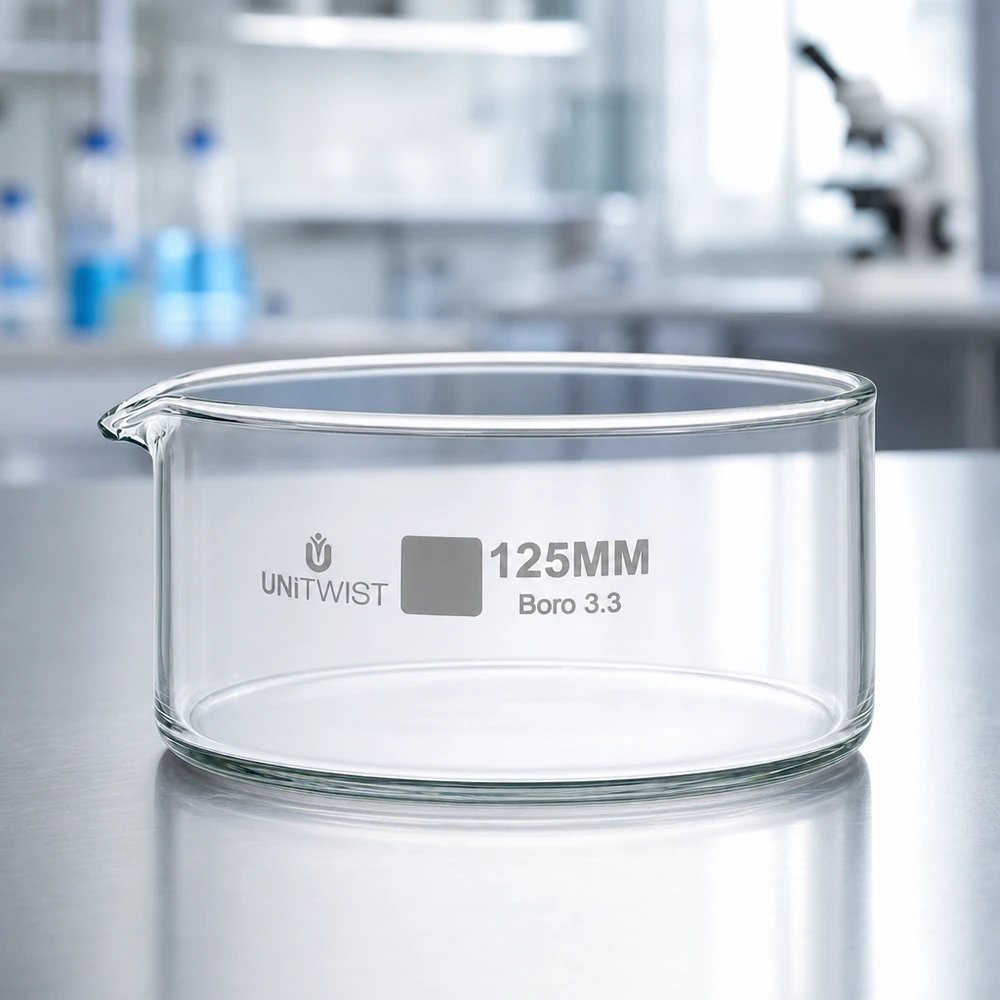 Piatto per cristallizzazione ø125mm in vetro borosilicato UNiTWIST Vaschetta di cristallizzazione ø 125 mm UNiTWIST in vetro borosilicato Boro 3.3, vuota, su un tavolo in acciaio inossidabile in laboratorio