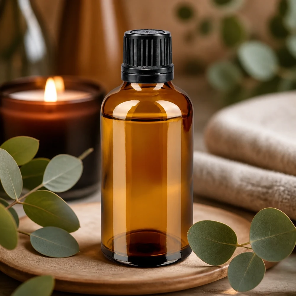 Flacone contagocce da 50 ml in vetro ambrato con tappo a vite nero e fragranza “Eucalipto Wellness Ambiente”
