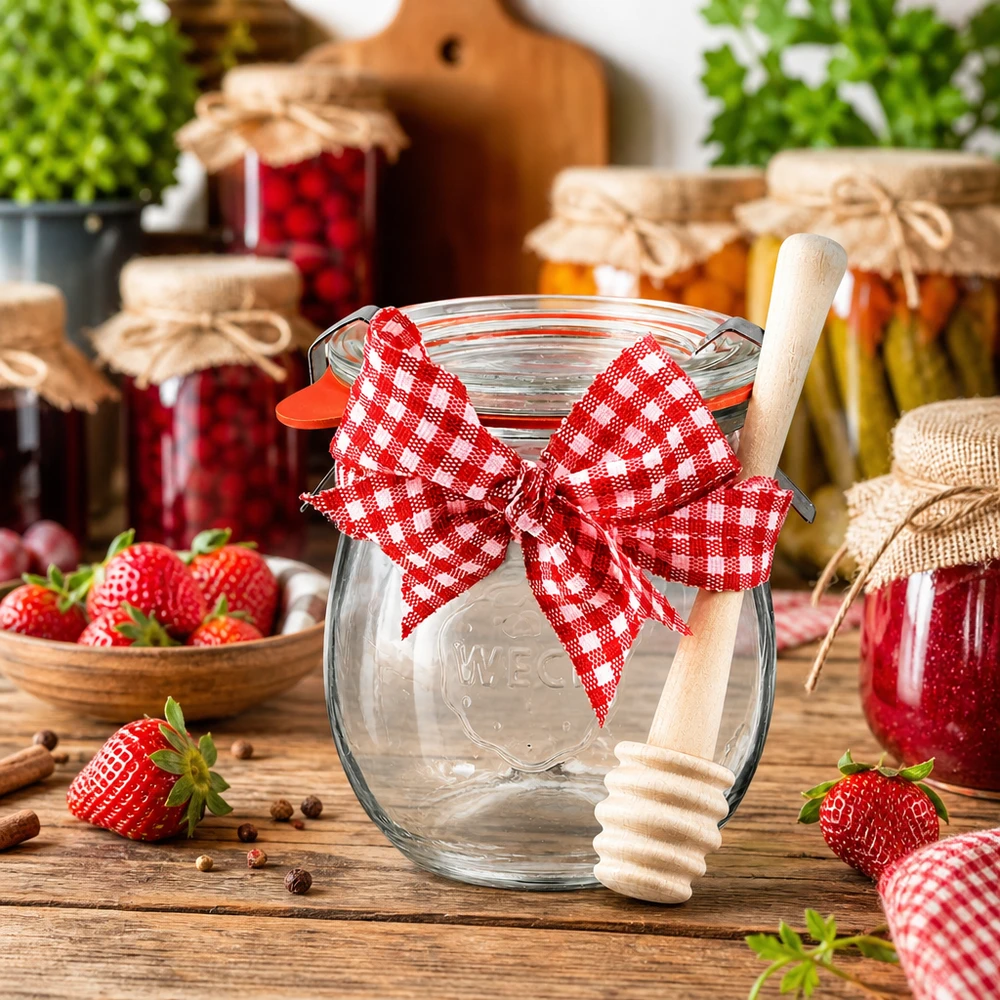 WECK mini vaso a tulipano 220ml completo di cucchiaio per miele Vaso da conserva WECK da 220 ml con nastro rosso e cucchiaio da miele in legno, circondato da vasetti di marmellata e fragole