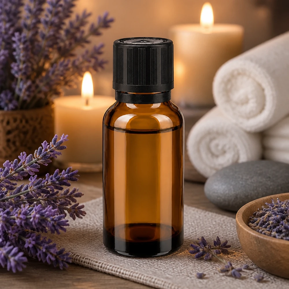 Flacone per essenze in vetro ambrato da 20 ml con tappo di sicurezza nero e decorazione a tema lavanda