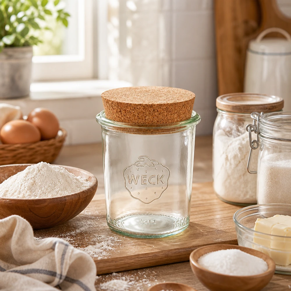 WECK 160ml RR60 mason jar con tappo su una tavola di legno in una cucina calda, circondata da ingredienti da forno, farina e uova.