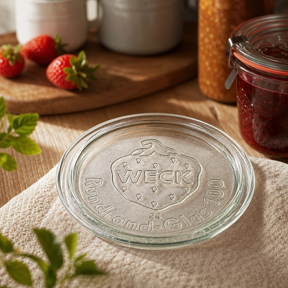 Coperchio del barattolo WECK RR100 Primo piano con il logo del marchio in rilievo su un telo da cucina accanto alla marmellata di fragole in un barattolo