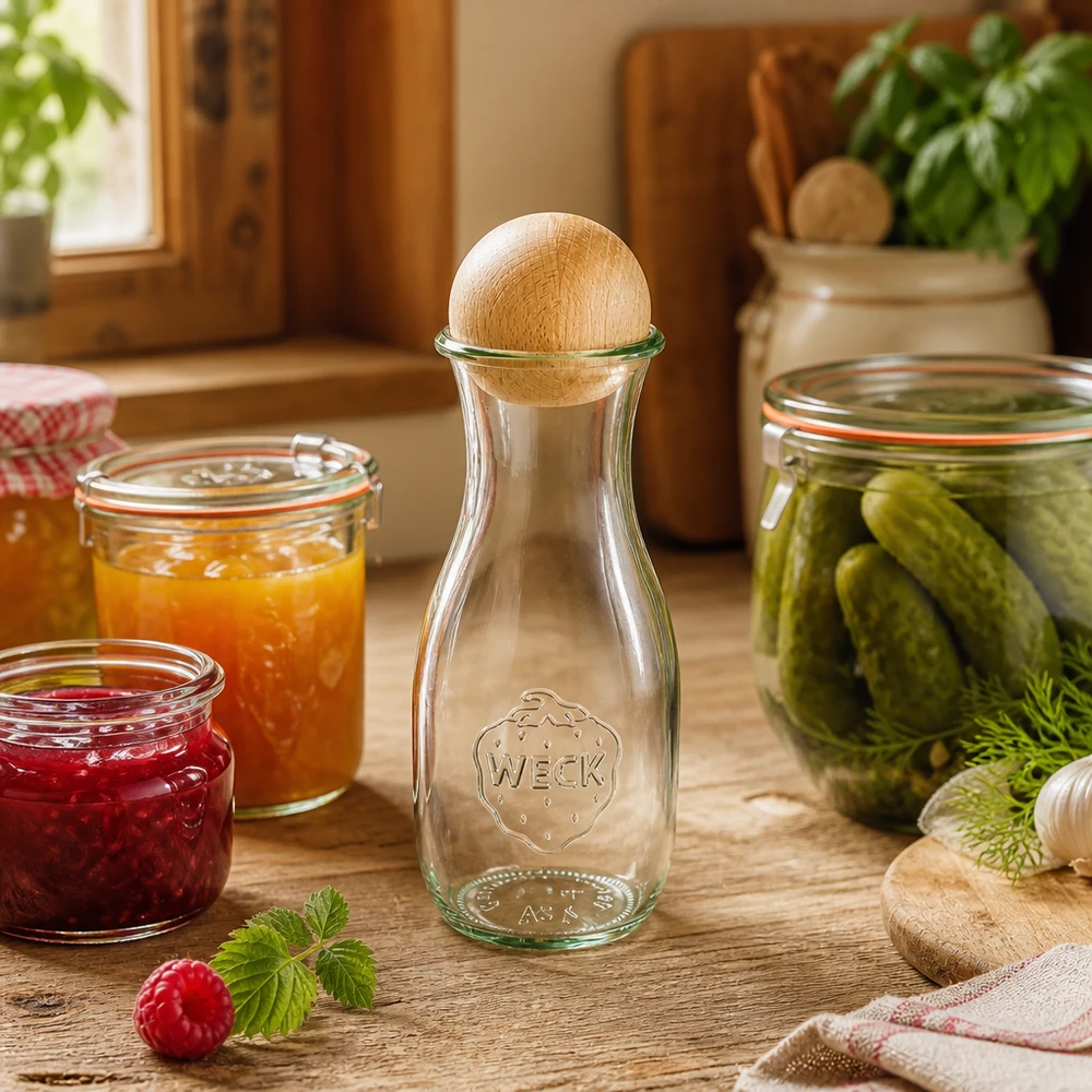 Bottiglia di succo WECK da 530 ml con tappo in legno in cucina rustica accanto a barattoli di marmellata e sottaceti