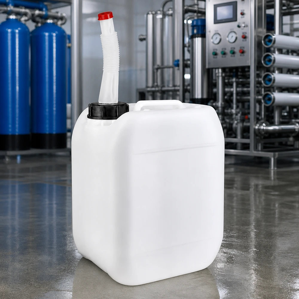 Tanica da 5 litri con tubo di uscita flessibile Contenitore portatile in plastica da 5 litri con tubo di riempimento flessibile e tappo rosso in ambiente industriale