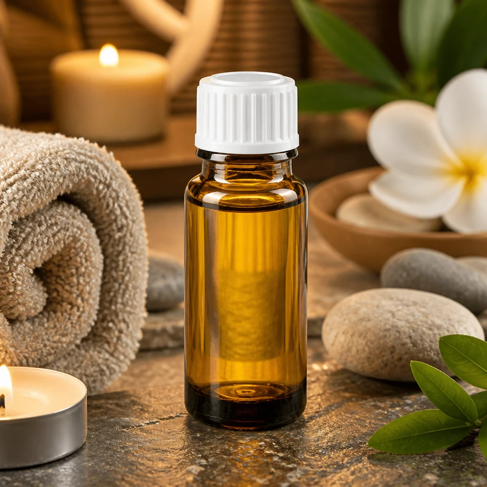 Flacone da farmacia in vetro marrone da 10 ml con tappo standard bianco in un ambiente da spa