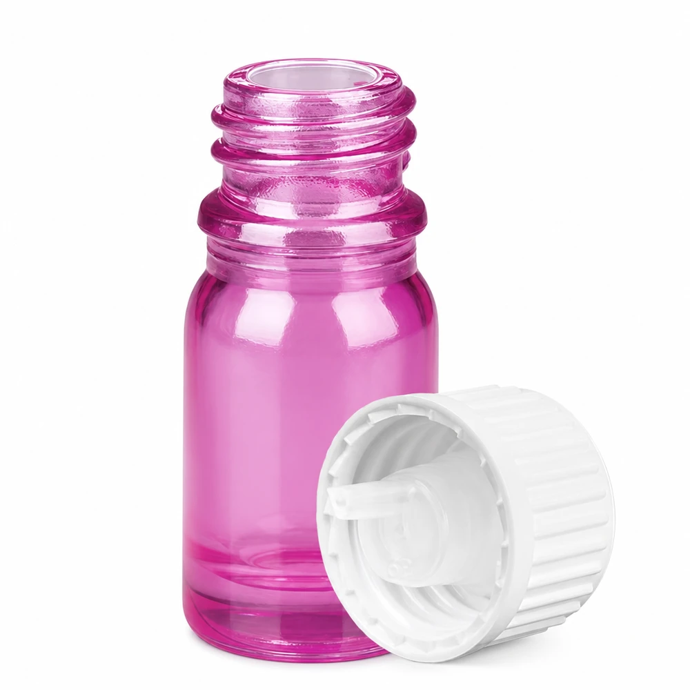 Flacone in vetro viola da 5 ml con tappo bianco a prova di bambino per uso farmaceutico e di laboratorio