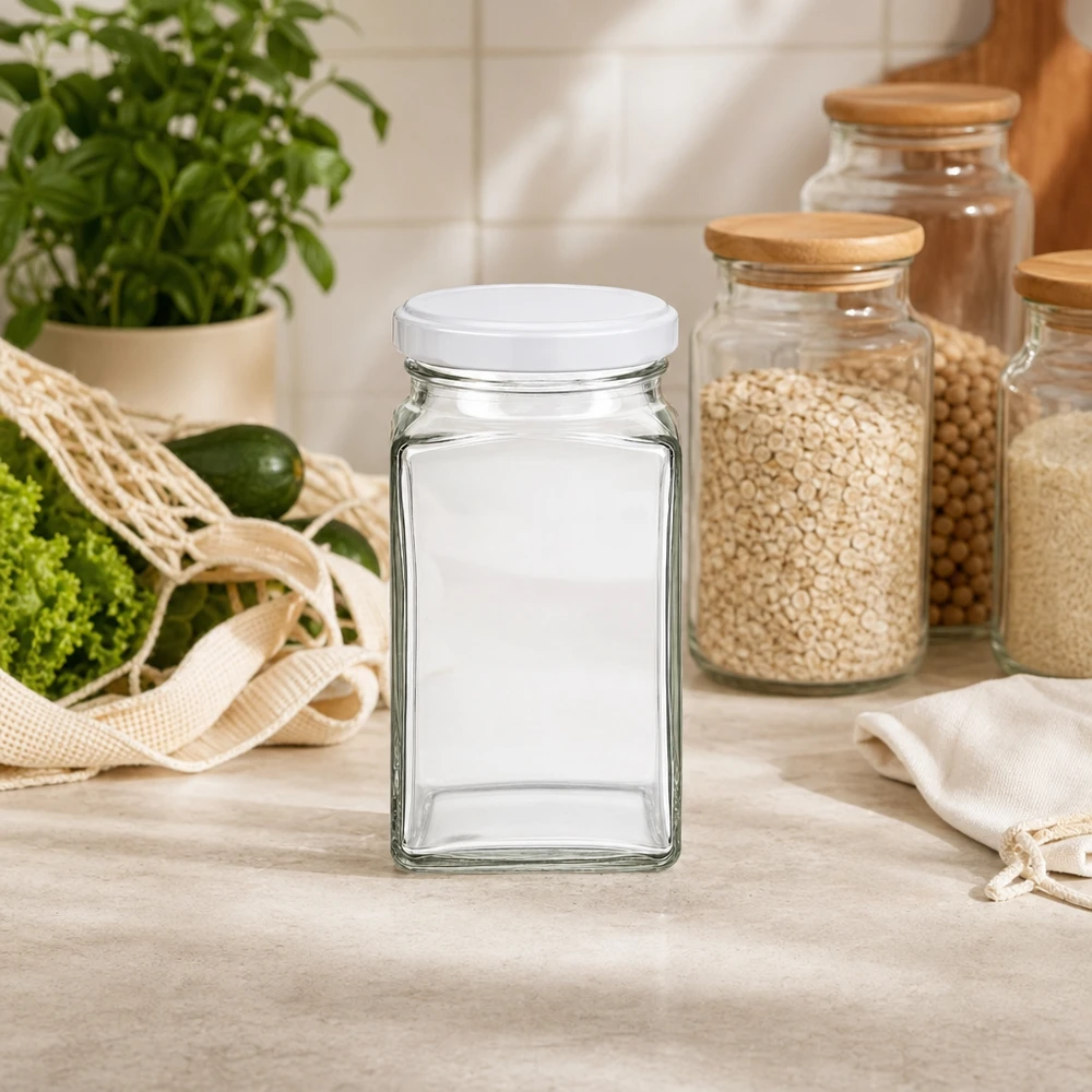 Barattolo tetra da 260 ml con coperchio BasicSeal bianco UNiTWIST. 260ml Tetraglas leer mit weißem Deckel in moderner Küche neben Vorratsgläsern mit Getreide nachhaltige Aufbewahrung