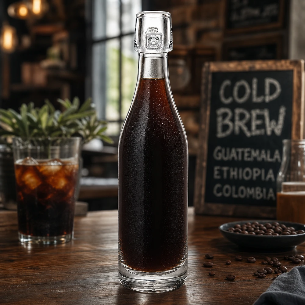 Bottiglia di vetro da 50 ml UNiTWIST riempita di caffè cold brew su un tavolo di legno con chicchi di caffè e vetro