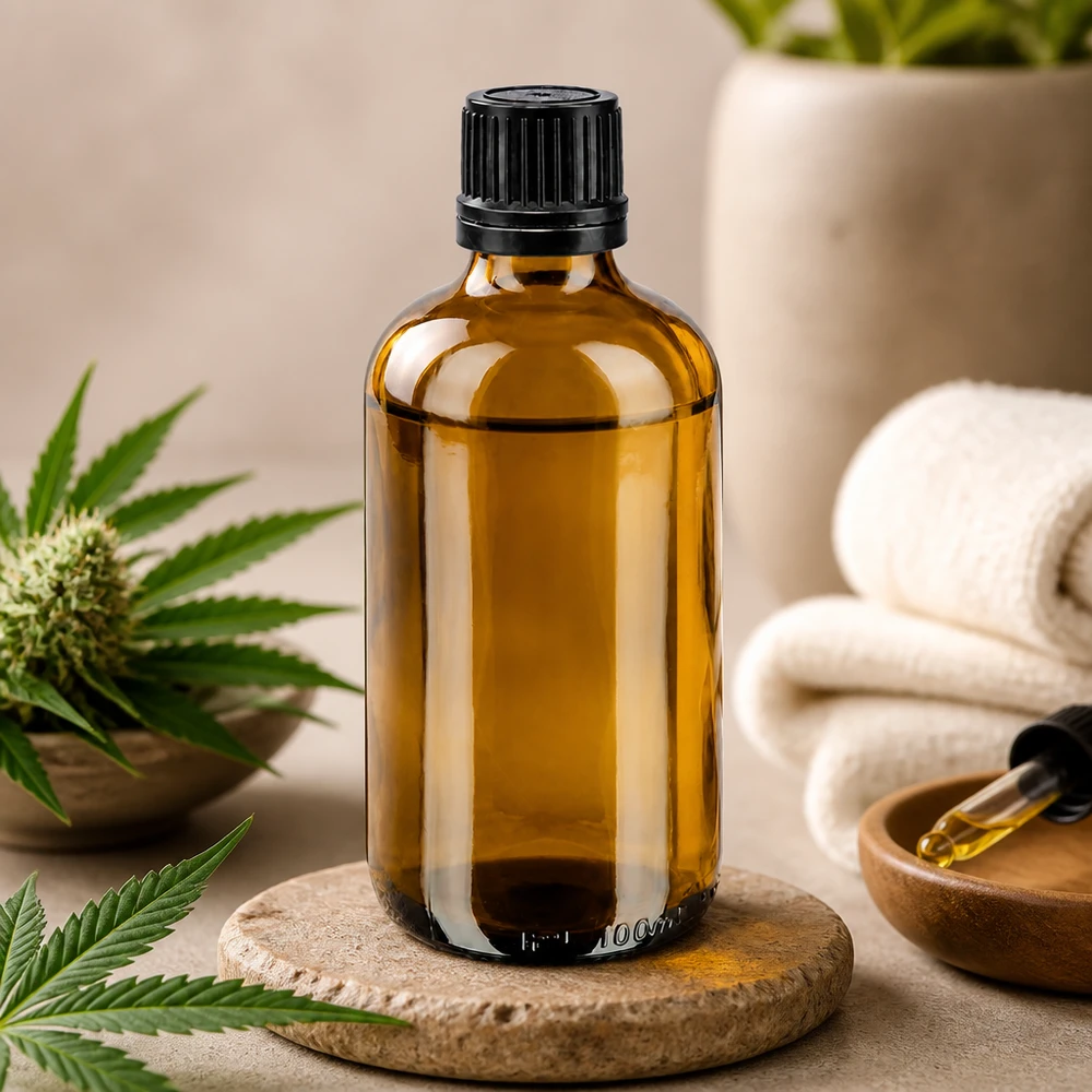 Flacone contagocce da 100 ml in vetro ambrato con tappo OV nero accanto a una pianta di cannabis CBD