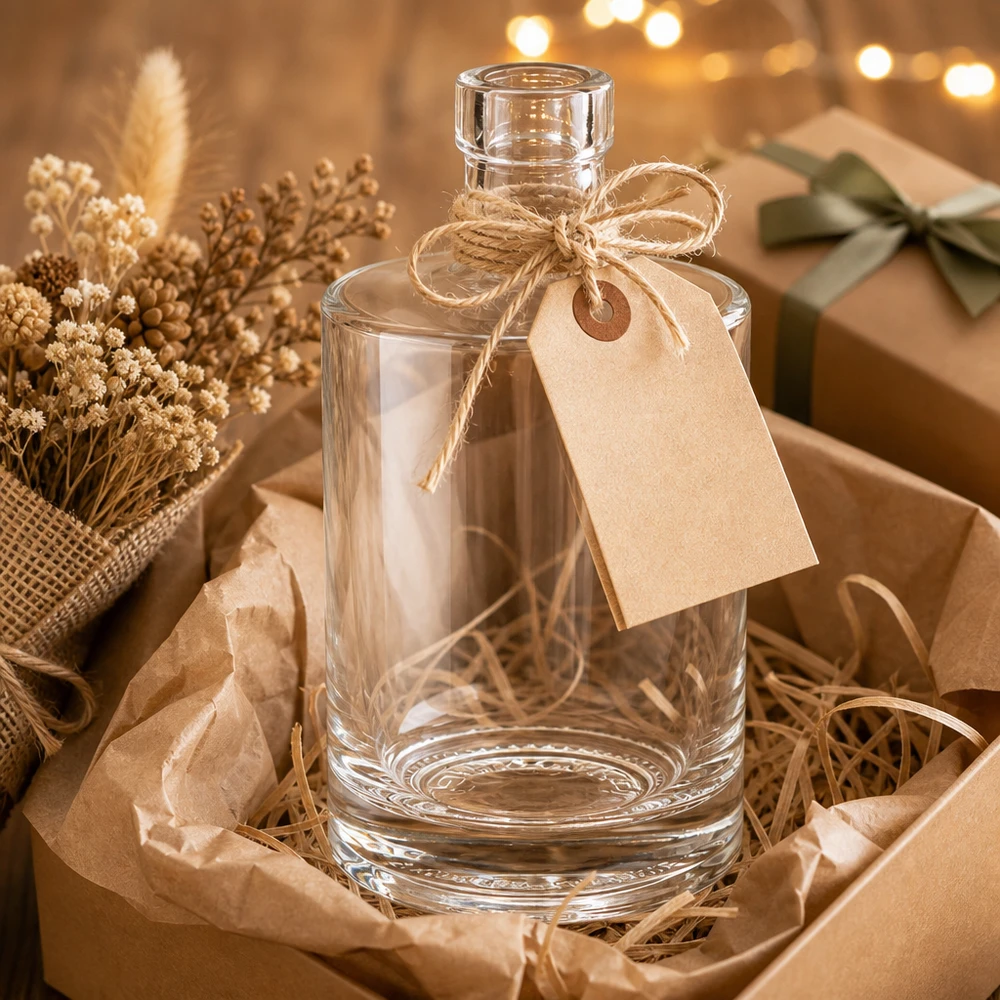 Bottiglia in vetro da 500 ml Marie senza tappo UNiTWIST® Bottiglia in vetro da 500 ml Marie come idea regalo con etichetta in carta kraft e cordoncino di iuta in confezione rustica