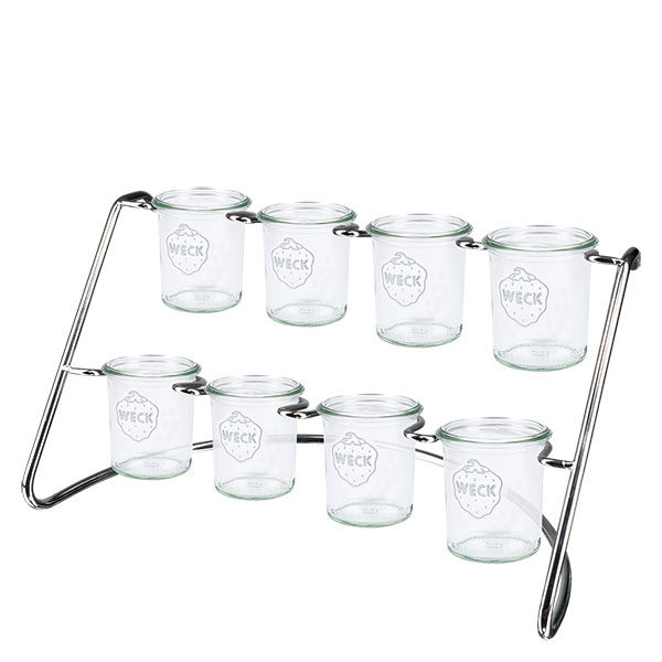 Portabicchieri Flato8 per 8 bicchieri WECK Portavivande WECK Flato8 con 8 bicchieri sospesi disposti su due livelli su un telaio in acciaio inox