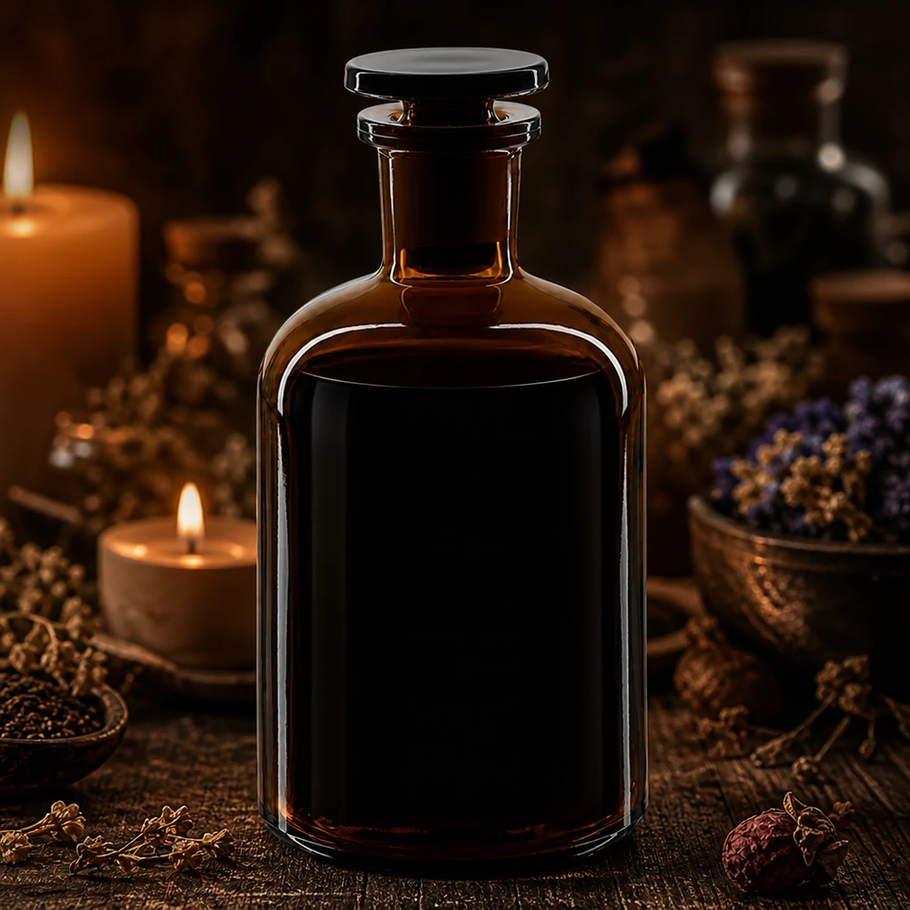 Classica bottiglia a spalla arrotondata da 250 ml in vetro ambrato a collo stretto con tappo in vetro per aromaterapia