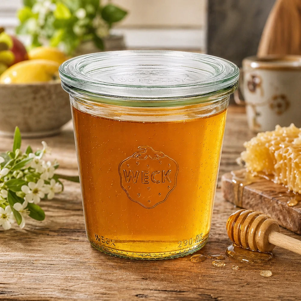 Bicchieri WECK da 290 ml RR80 riempiti di miele dorato e cucchiaio di miele come esempio di utilizzo in un ambiente rustico