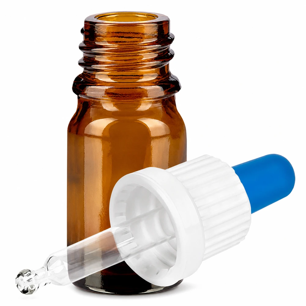 Bottiglia per pipette da 5 ml bianco/blu OV BrownLine UT18/5 Flacone a pipetta in vetro marrone da 5 ml con contagocce OV BrownLine UT18/5 per cosmetica e aromaterapia
