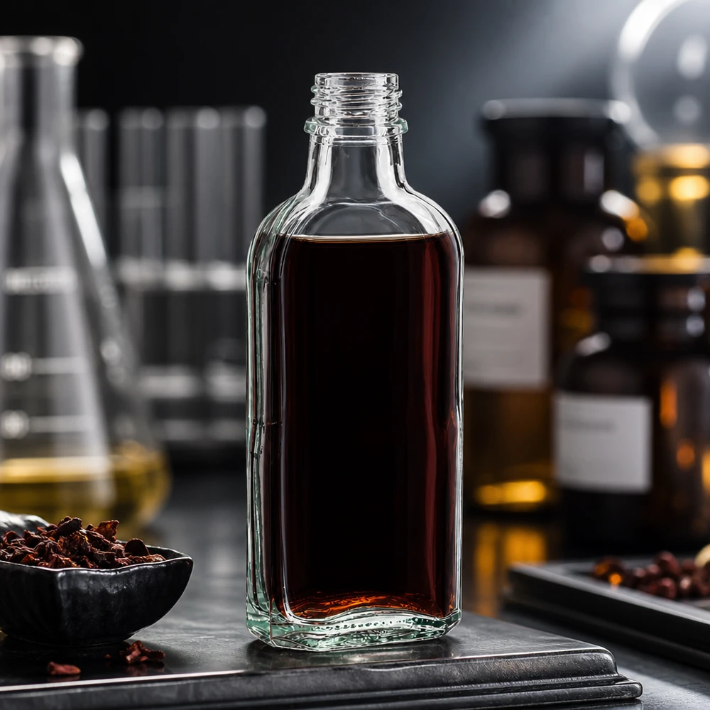 Liquido marrone in un flacone Meplat da 100 ml trasparente con tappo DIN22 in ambiente di laboratorio