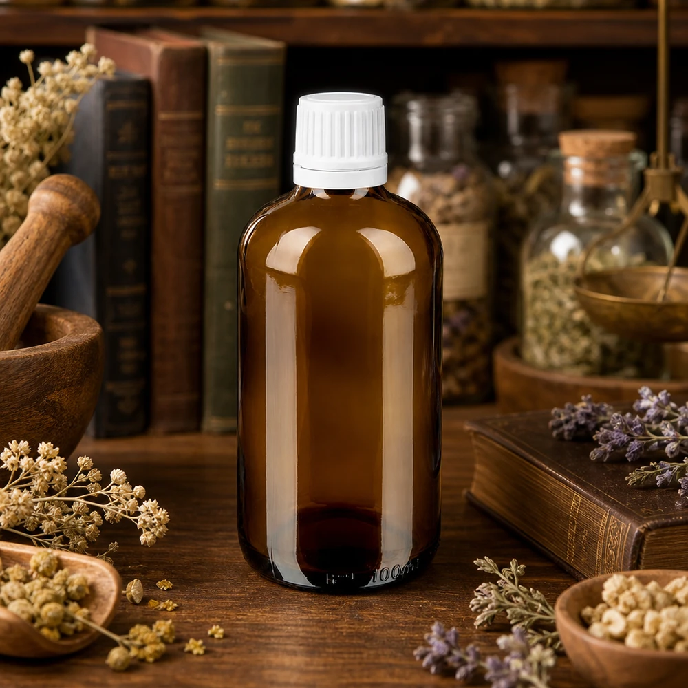 Flacone da farmacia marrone da 100 ml con tappo di sicurezza per bambini bianco, tra erbe medicinali essiccate