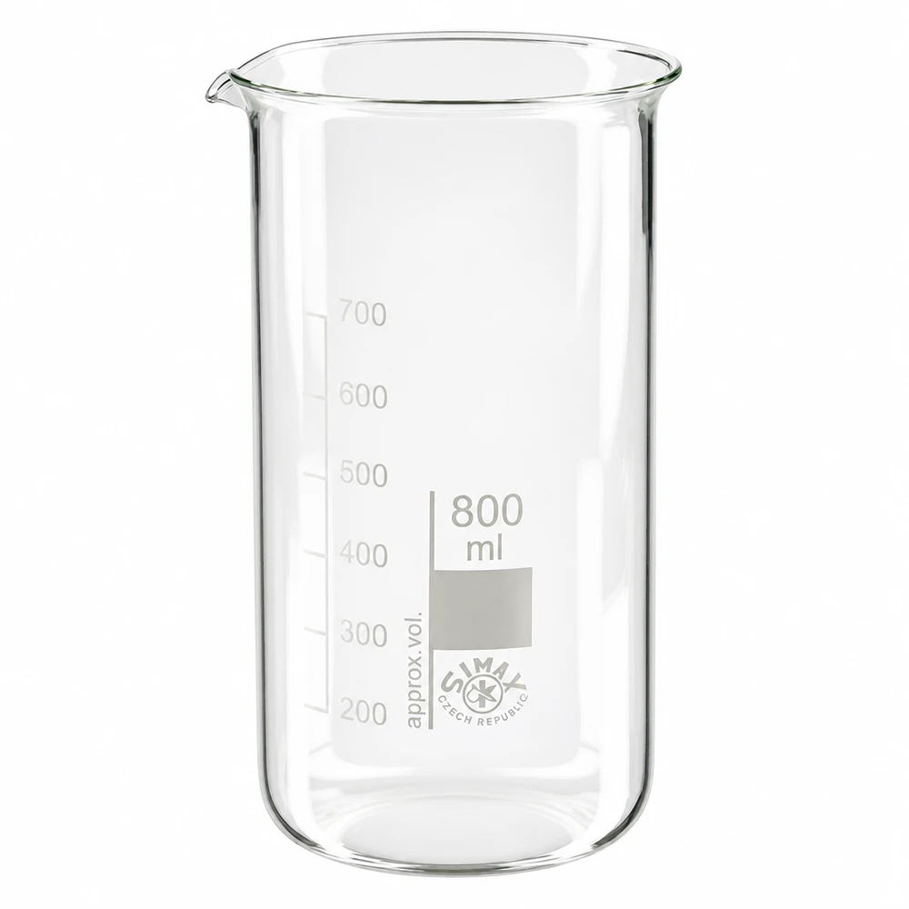 Bicchiere da laboratorio da 800 ml, modello alto, in vetro borosilicato con scala in millilitri, prodotto da SIMAX Czech Republic