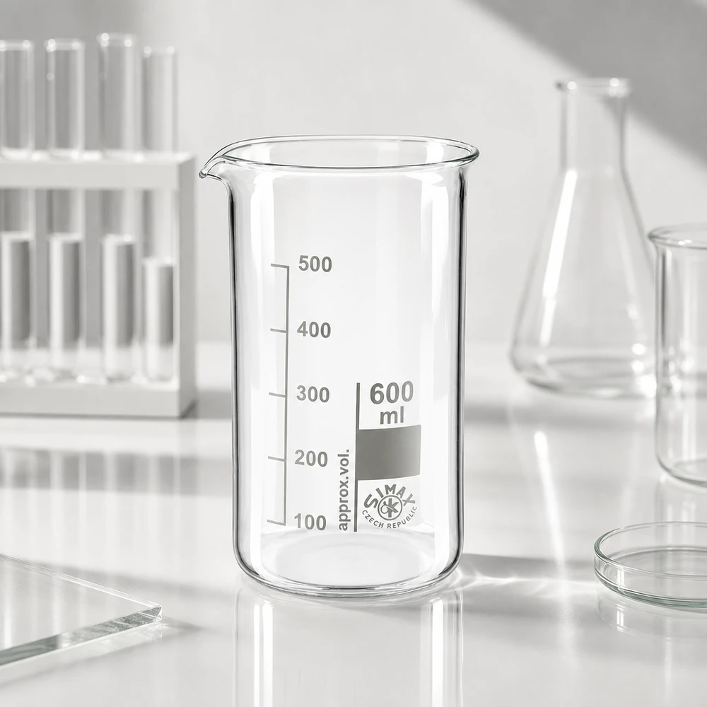 Bicchiere da 600 ml in vetro borosilicato, forma alta Becher vuoto da 600 ml, forma alta, in vetro borosilicato trasparente con scala millimetrica, per uso di laboratorio