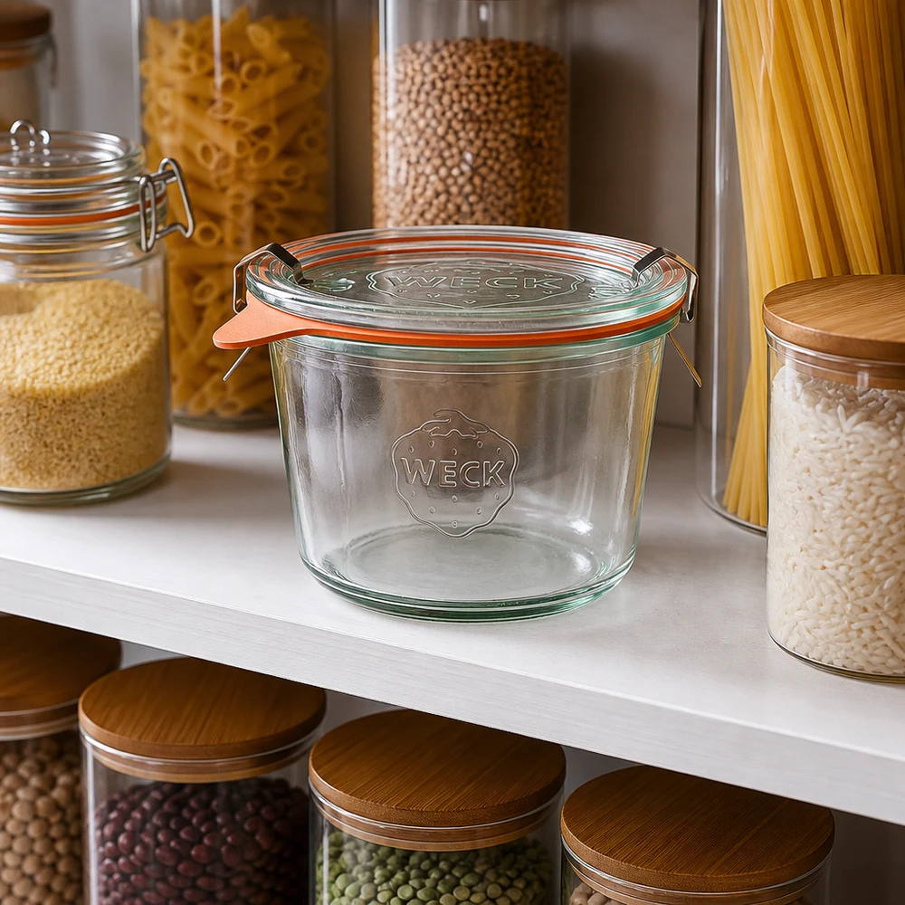 Barattolo WECK 370ml RR100 vuoto in una dispensa organizzata accanto a barattoli di pasta e legumi pieni