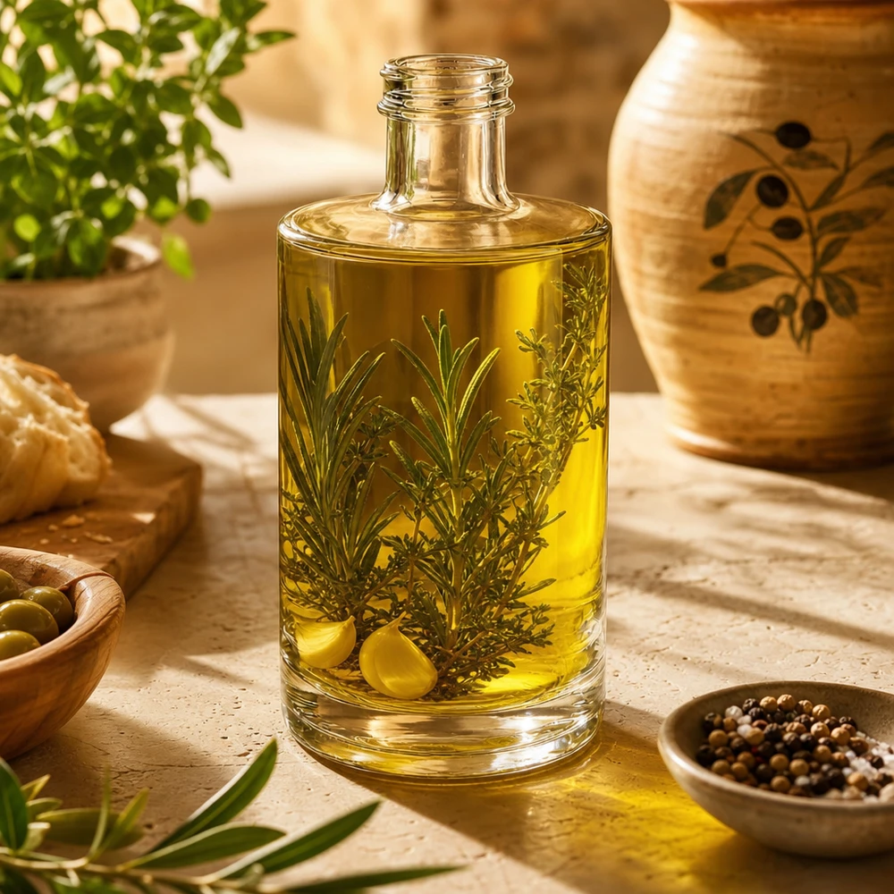 Bottiglia in vetro da 375 ml Sam senza tappo a vite UNiTWIST® Bottiglia in vetro da 375 ml di Sam riempita con olio alle erbe e decorata con olive e spezie mediterranee