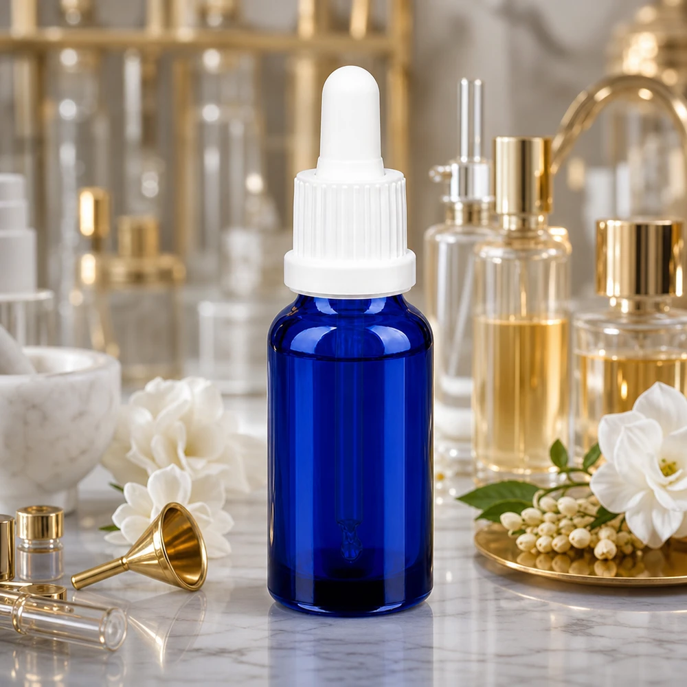 Flacone per pipette da 20 ml bianco OV BlueLine UT18/20 Flacone contagocce da 20 ml in robusto vetro borosilicato di qualità farmaceutica con tappo bianco